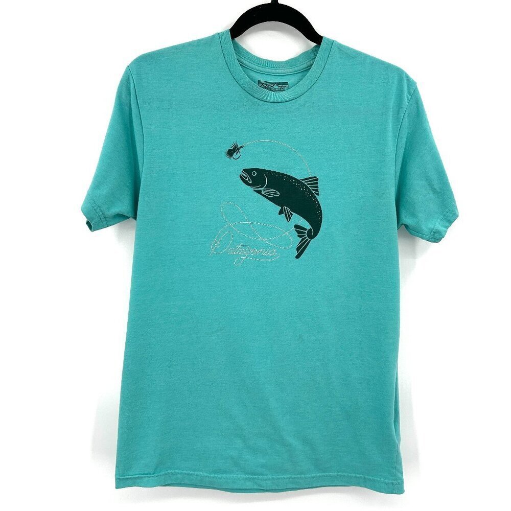 PATAGONIA Men's Teal Blue Fishing Graphic Print Outdoor Slim T-Shirt Size Medium